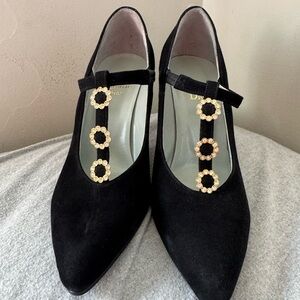 Dior Black Suede T-Strap Heels with Gold Circle Embellishments